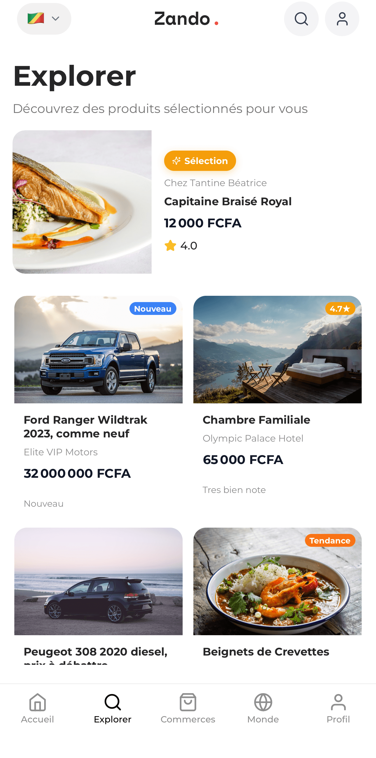 Écran Explorer de l'application Zando