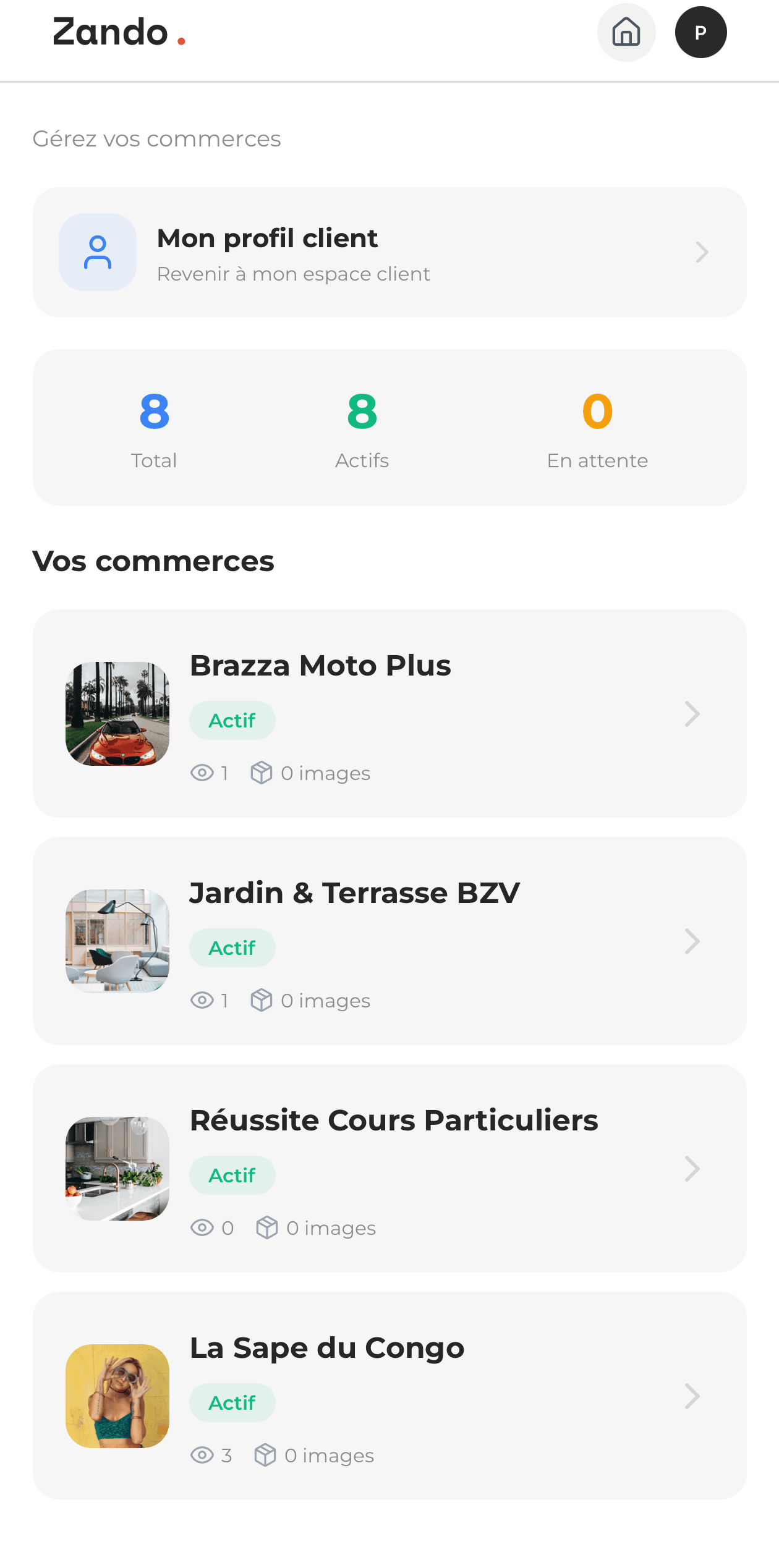 Écran de gestion vendeur de l'application Zando