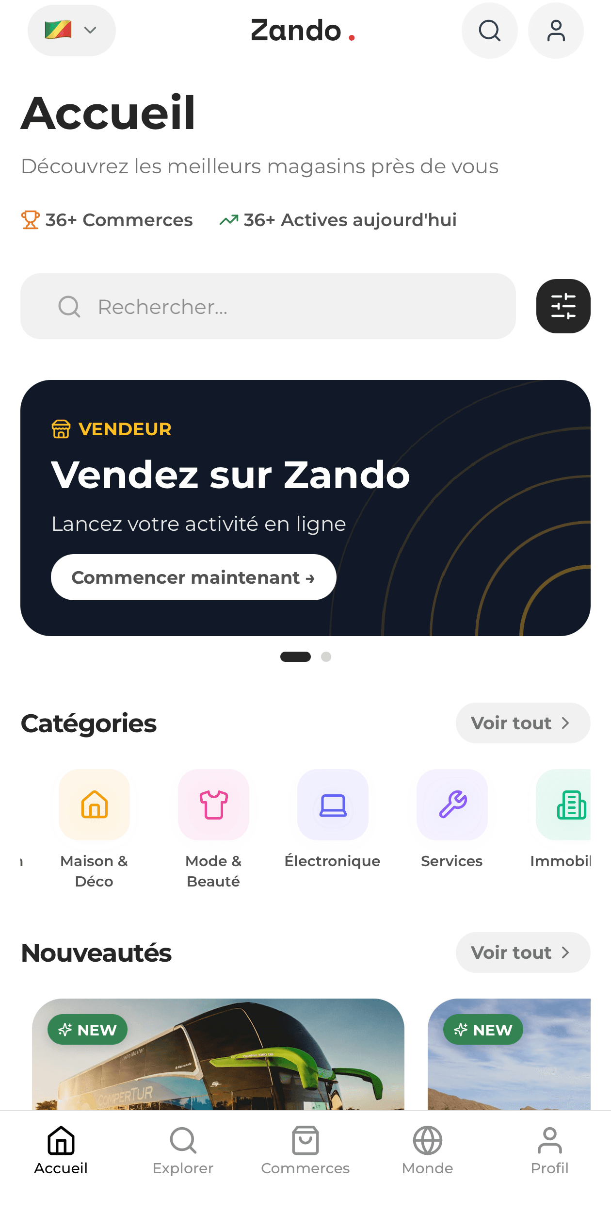 Écran d'accueil de l'application Zando
